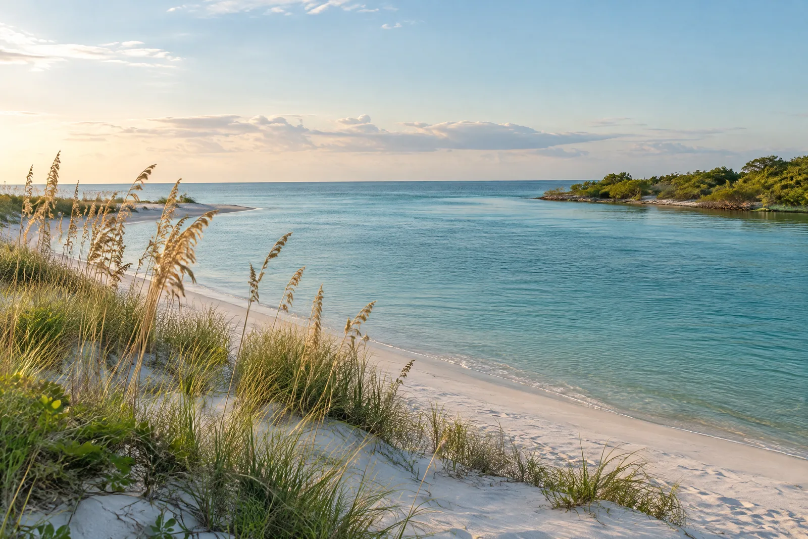 Calm South Florida coastal inlet with sea oats and blue-green water
