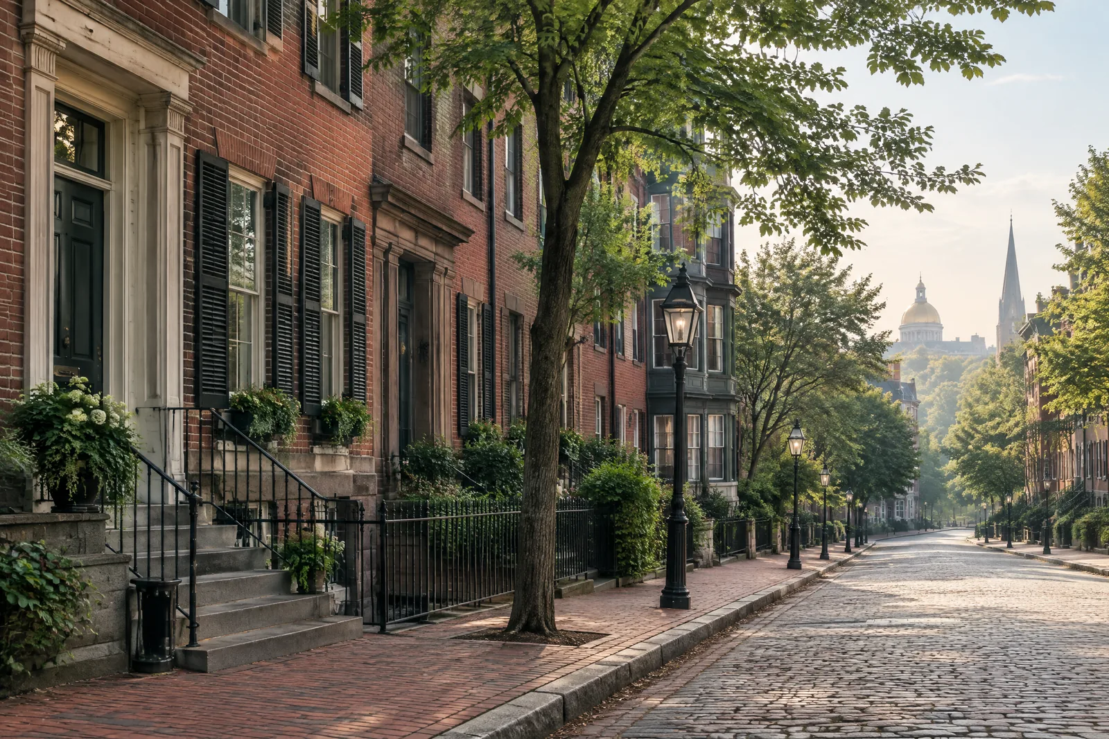 Historic brick streetscape in Boston under soft early morning light