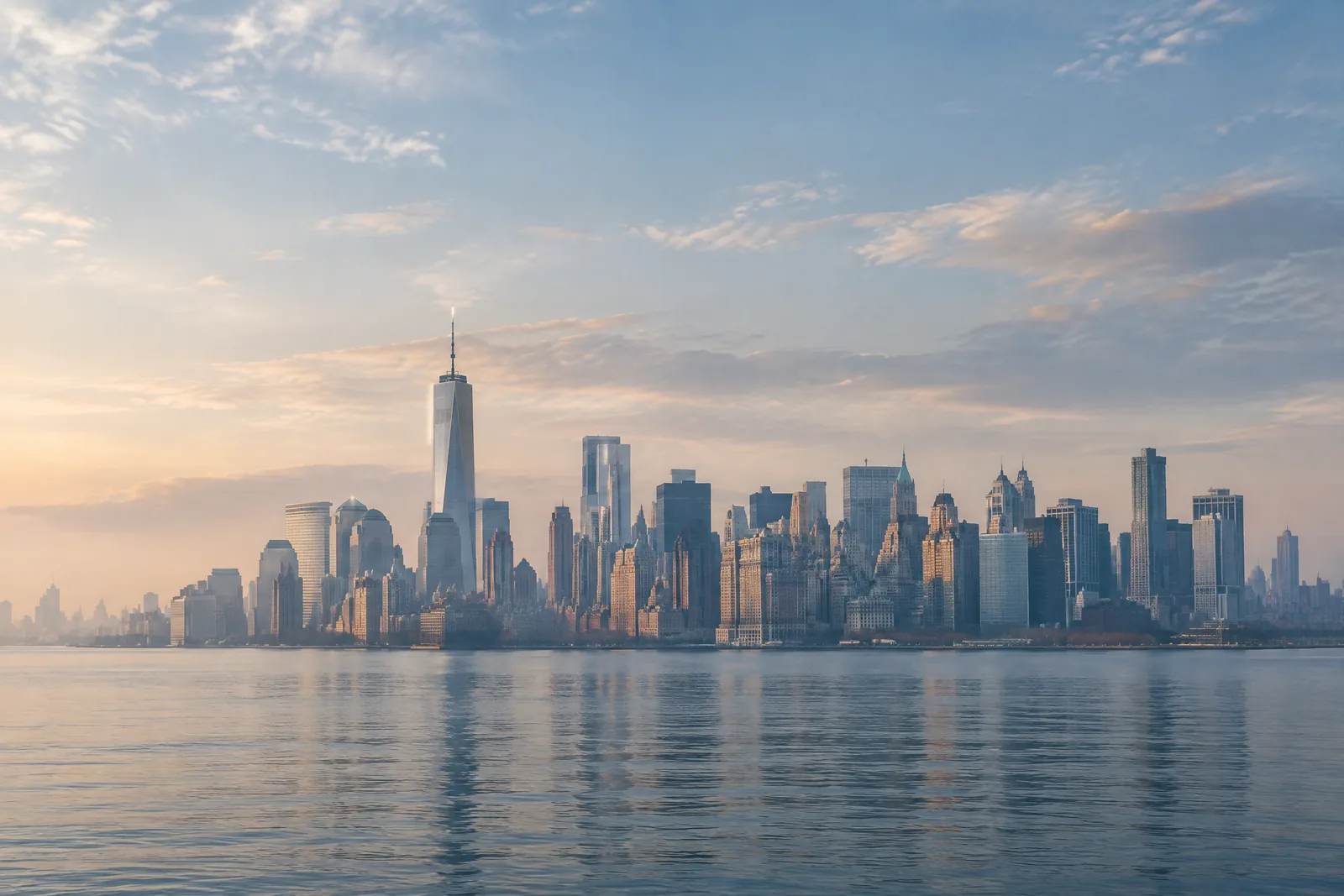 New York City skyline viewed across calm water in soft early morning haze