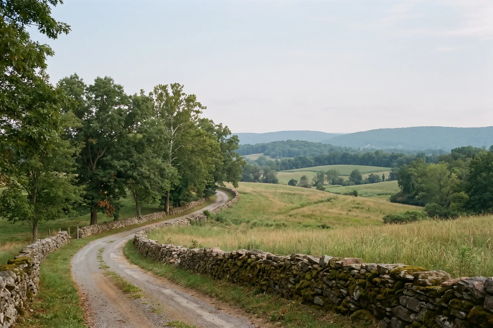 Rolling Pennsylvania countryside with mature trees, stone walls, and a quiet road