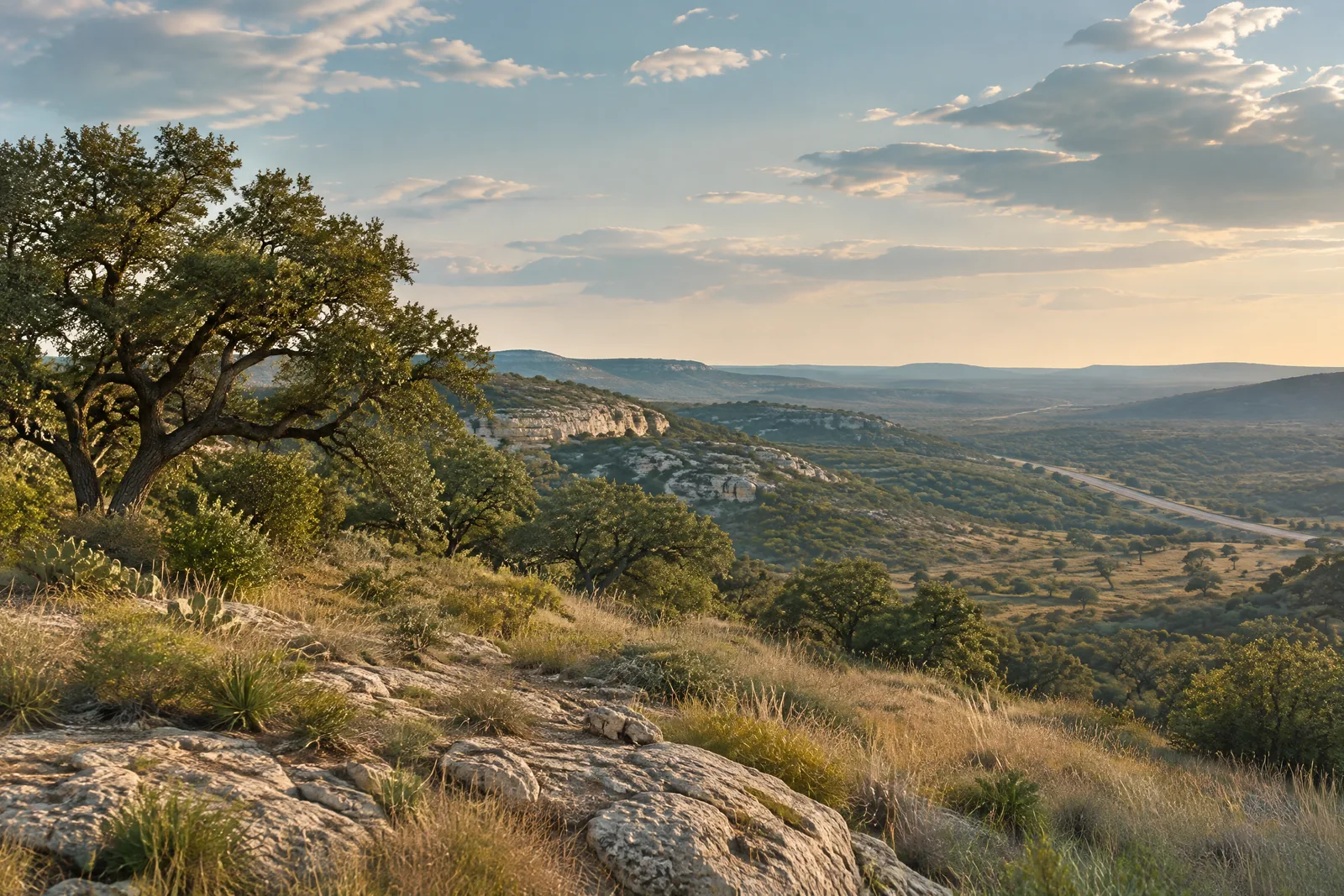 Texas Hill Country landscape with limestone ridges, live oaks, and native grasses